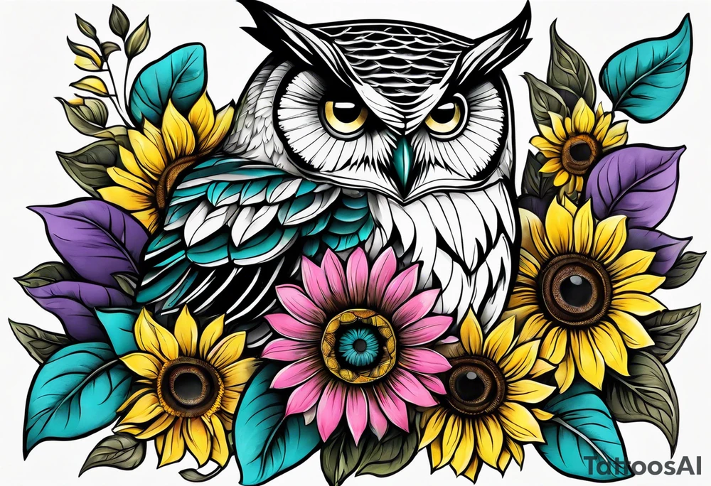 Leg Sleeve with black and white owl that's lightly shaded teal, pink and purple and yellow sunflowers tattoo idea