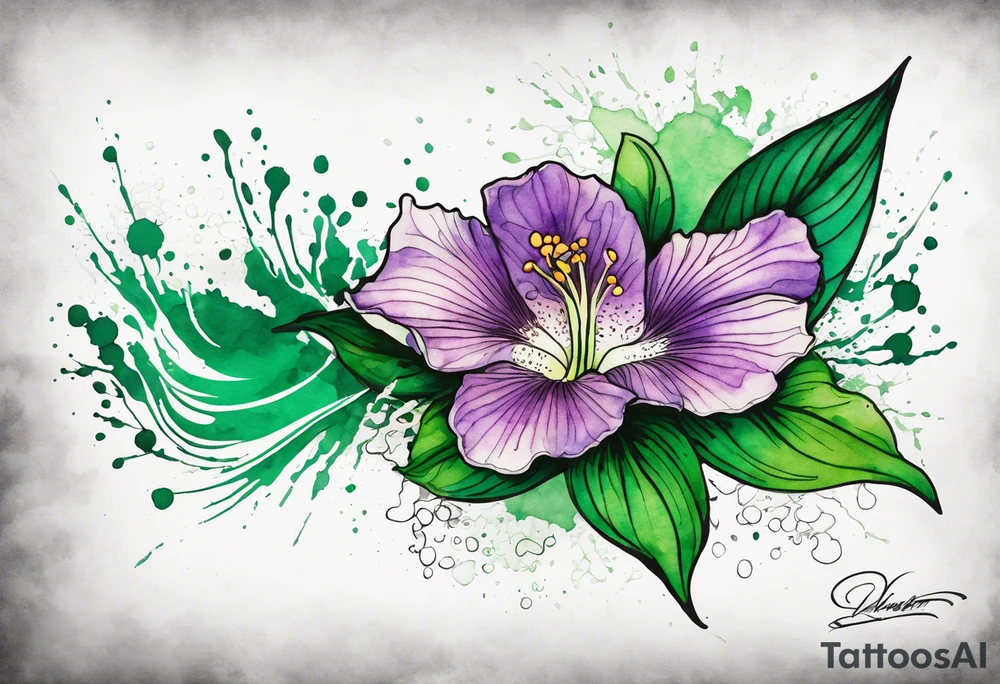 An outline of an only green rio dipladenia flower and a green/purple watercolor splash in the background tattoo idea