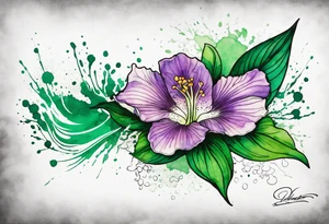 An outline of an only green rio dipladenia flower and a green/purple watercolor splash in the background tattoo idea