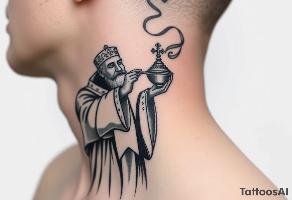 Russian Orthodox Priest in fully detailed vestment swinging a censer with smoke curling upward tattoo idea