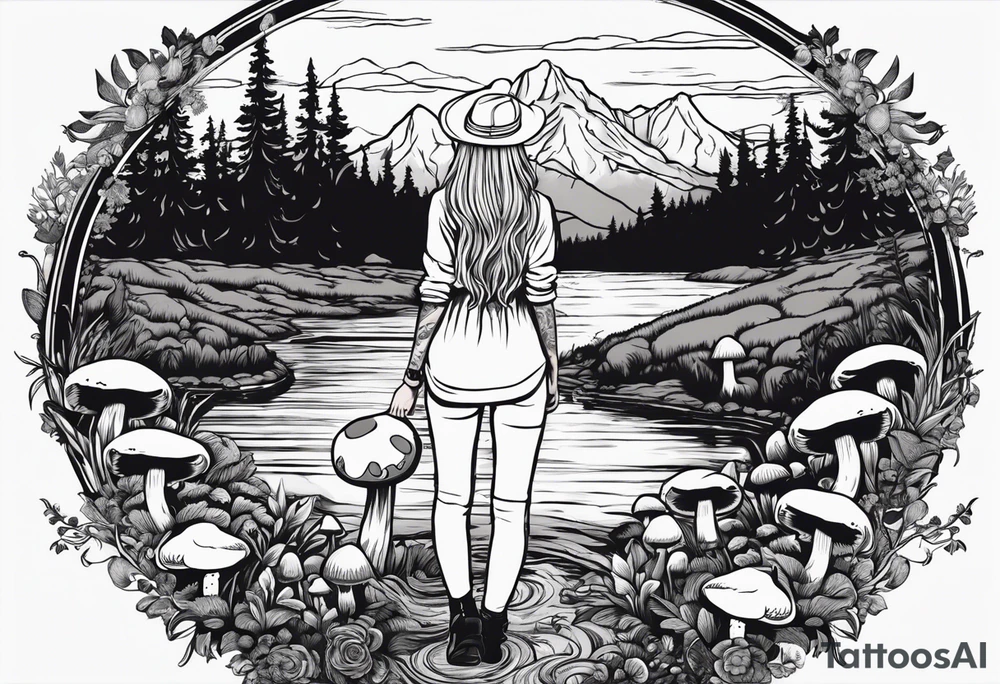 Whole picture encircled fully

Straight long blonde hair hippie girl in distance holding mushrooms in hand facing away toward mountains and creek surrounded by mushrooms long sleeve shirt and hiking pants; whole rendering within a full circle, no cut off circle tattoo idea