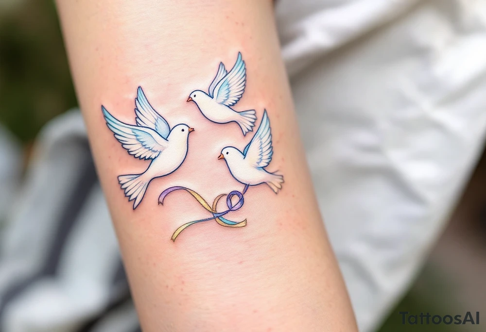 A trio of doves in flight, each carrying a different colored ribbon—soft gold, sky blue, and lavender, representing unity, trust, and new beginnings. tattoo idea