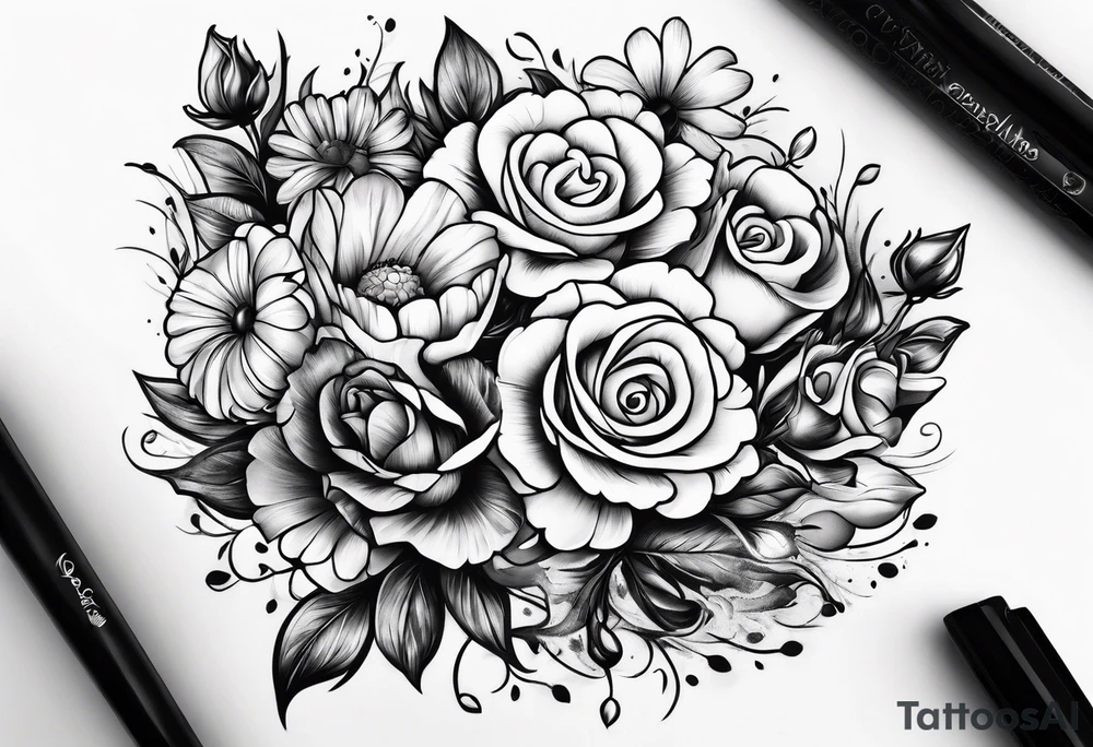 Boquet of daisys and roses on fire tattoo idea