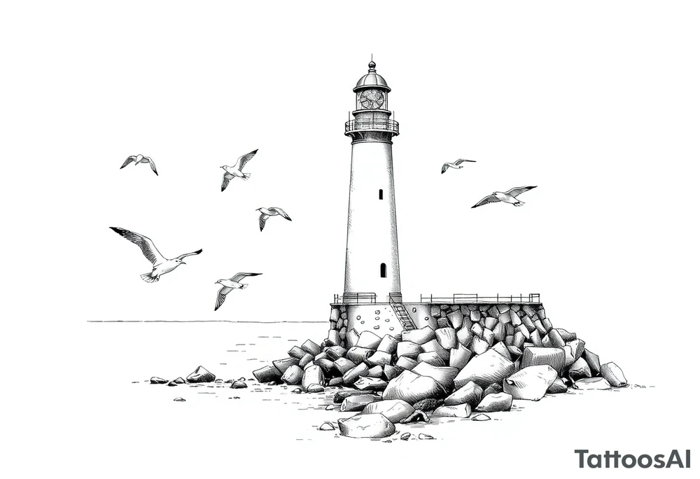 Lighthouse in the sea with jetty around flying seagulls tattoo idea