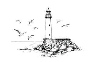 Lighthouse in the sea with jetty around flying seagulls tattoo idea
