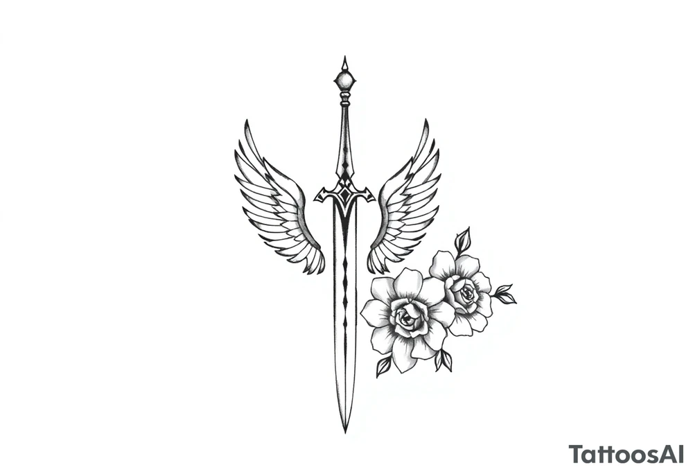 Tatuagem com traços finos inspirada nos livros da autora Sarah J Maas: trono de vidro e corte de espinhos e rosas que represente a espada de Aelin e com flores ao redor tattoo idea