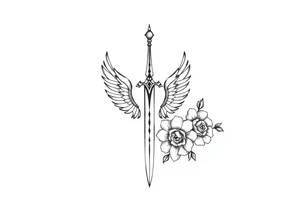 Tatuagem com traços finos inspirada nos livros da autora Sarah J Maas: trono de vidro e corte de espinhos e rosas que represente a espada de Aelin e com flores ao redor tattoo idea