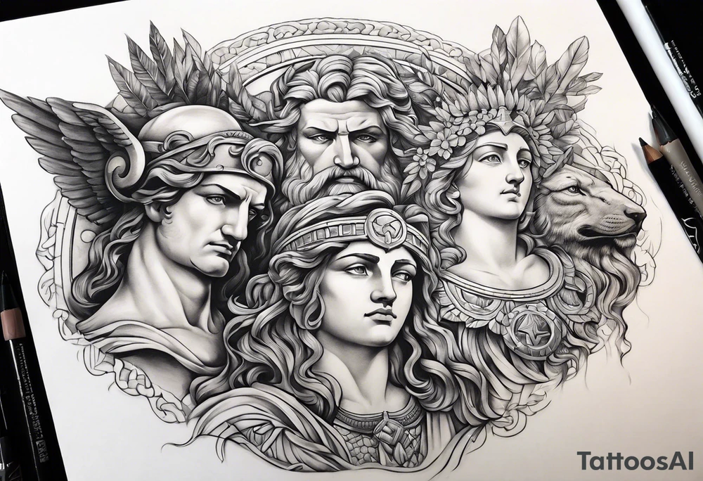 religious theme with some greek gods shoulder piece tattoo idea