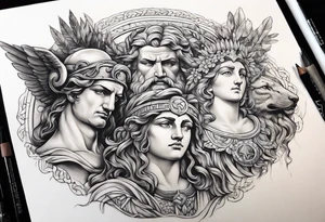 religious theme with some greek gods shoulder piece tattoo idea
