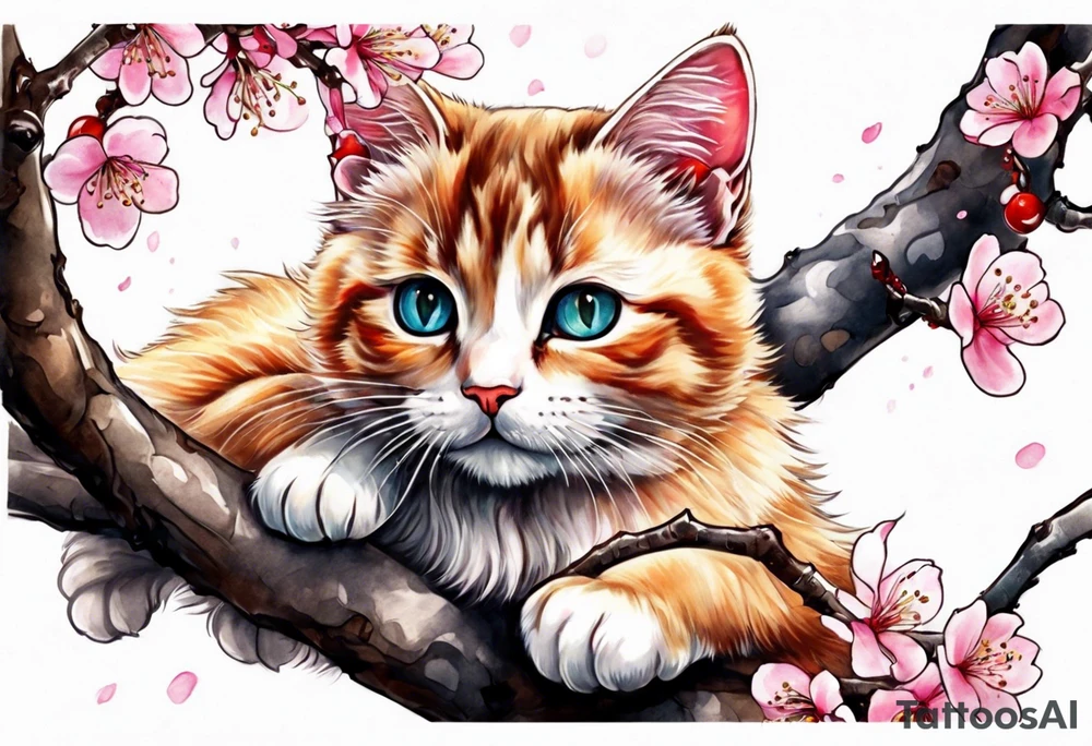 A kitty perched upon a cherry blossom  branch for a tatto on my biceps tattoo idea