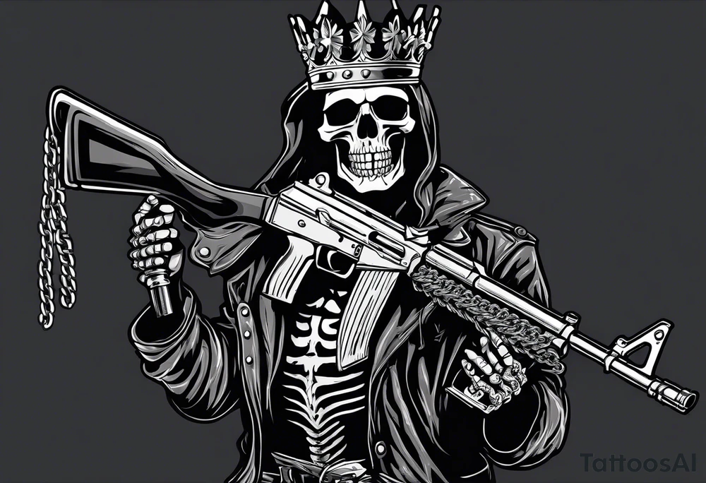 image of a skeleton standing frontally with a crown on his head, holding an AK-47 on his shoulder with his right hand. The chain on the left should be taut, there are three angry barking Dobermans in it, near the waist tattoo idea