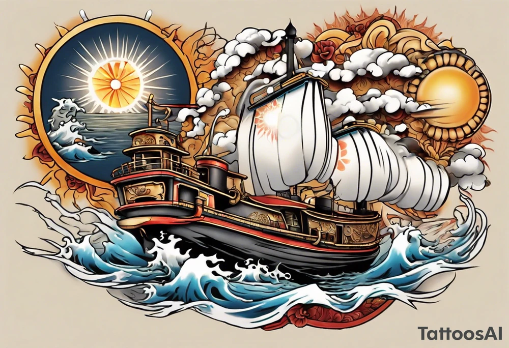 steam boat sailing out of the sun tattoo idea