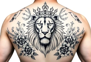 powerful majestic lion with a crown, surrounded by floral ornaments and birds tattoo idea