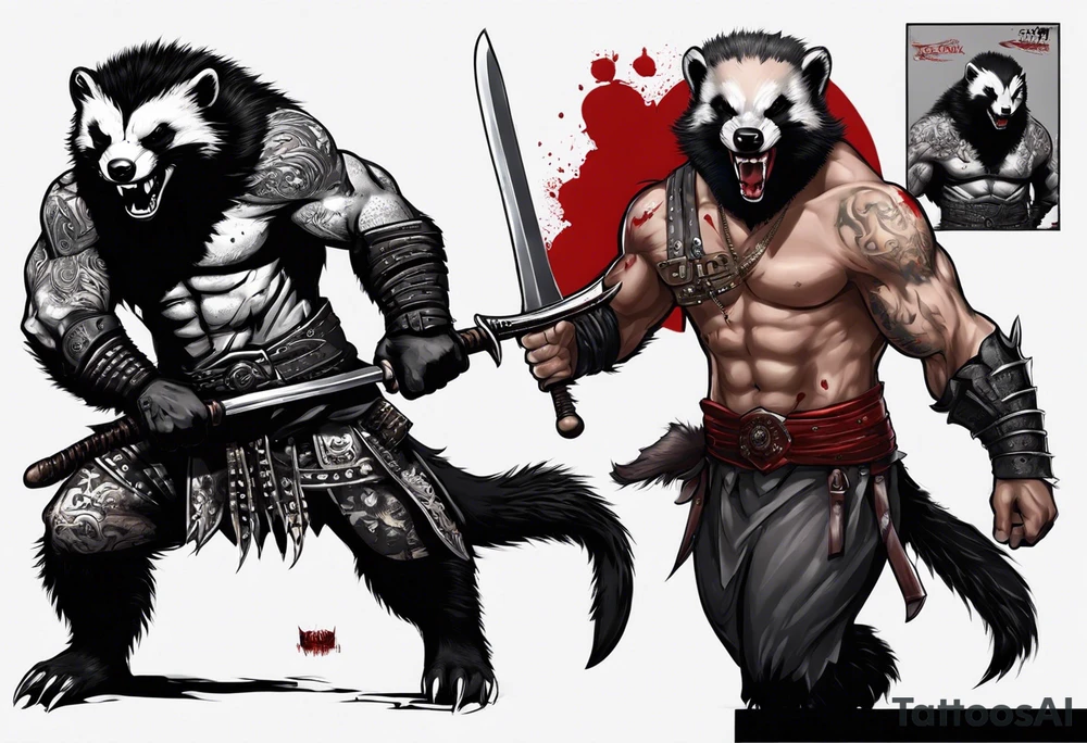 Draw me psychopath Honey Badger/Berserker with aggressive full body, killer face with a scary smile, very long nails and he attacks like a Bloody Assassin/Warrior/Gladiator to us and also, he has very deadly looking. He fights with his nails. Everybody scares after their first sight. Give me horror type Badger Tattoo. I want to see his Realistic full body. tattoo idea