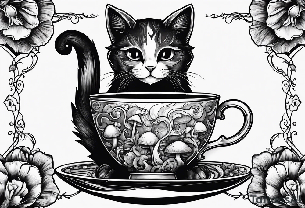 A mysterious cat taking a hot mushrooms cup of tea tattoo idea