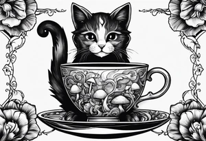 A mysterious cat taking a hot mushrooms cup of tea tattoo idea