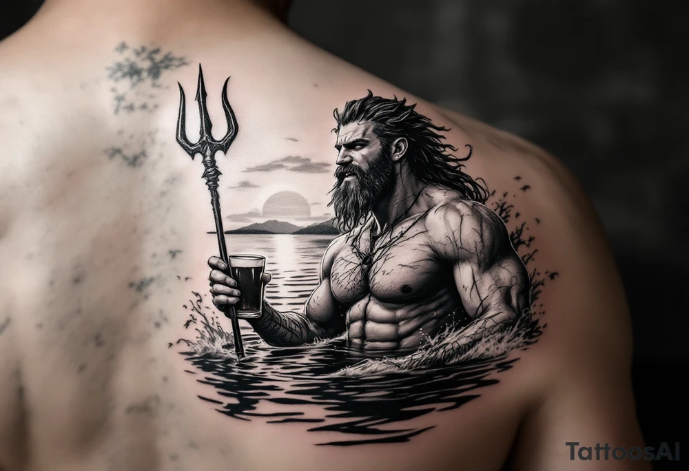 young, happy, fit poseidon in calm water, holding a trident, drinking a beer, with sunset, with ski boat tattoo idea