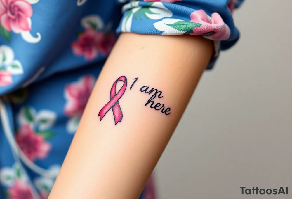‘I am here’ with breast cancer pink ribbon as I with Hawaiian theme tattoo idea