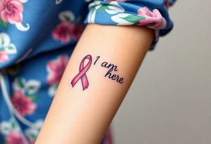 ‘I am here’ with breast cancer pink ribbon as I with Hawaiian theme tattoo idea