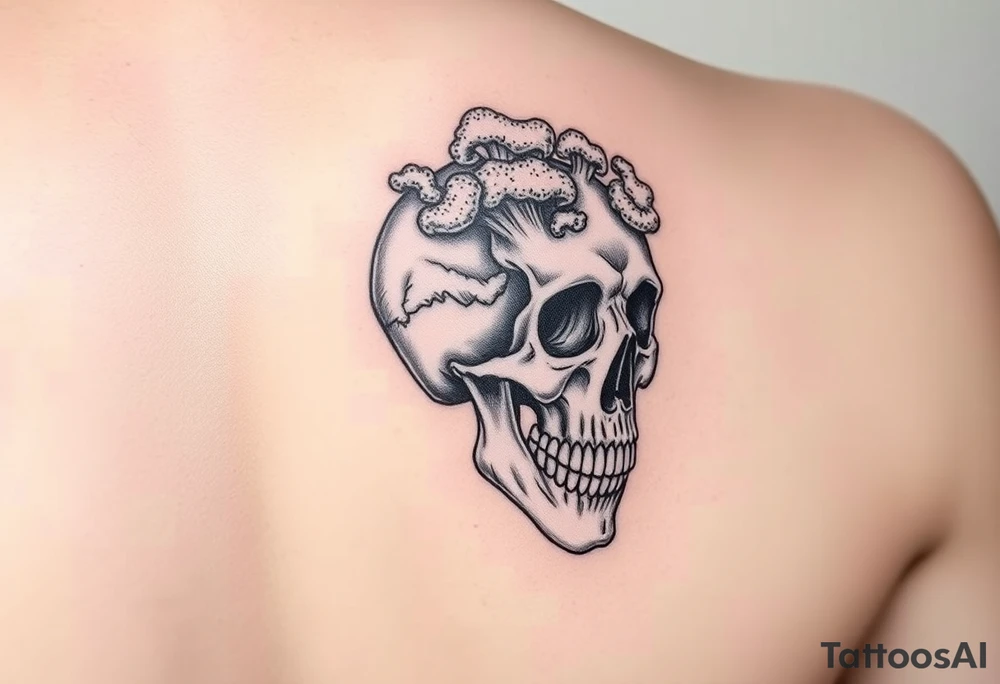 right side of a skull with majestic fungus out of its eyes and mouth tattoo idea