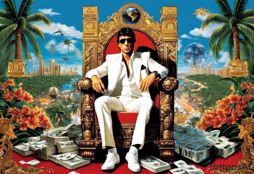 Tony Montana sitting on his throne with his infamous "The World is Yours" globe in hand, surrounded by elements that represent key scenes or motifs from the movie? For example, you could include symbols like piles of cocaine, palm trees, guns, and perhaps even the iconic "Say hello to my little friend" scene in the background. This would create a dynamic and visually captivating tattoo that pays homage to Scarface in a unique and personalized way. tattoo idea