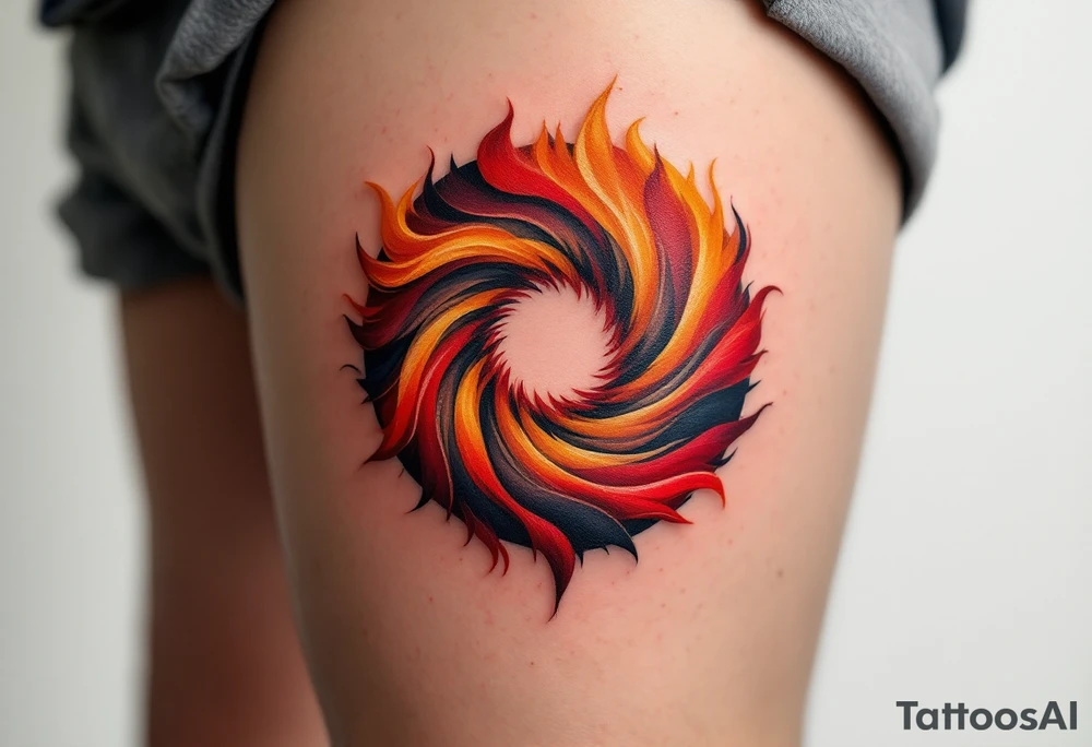 A fiery circle in swirling shades of red, orange, and yellow resembling a miniature sun. tattoo idea