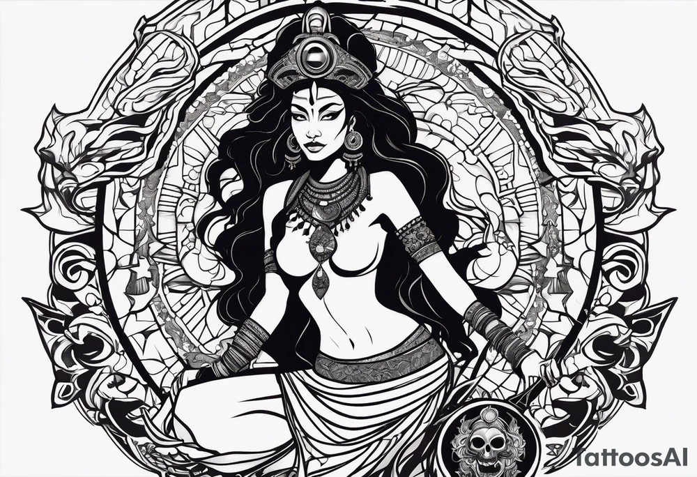 black kali, goddess pirate, alien, angel, pachamama, valkrye, warrior, flying, skull, lotus azul, wing, eagle, zenza resonance, stars, 5D, anahata chakra, death, durga, riding on a tiger, flying lady, kundalini, chest tatoo, samuri, rebel, serpent tattoo idea