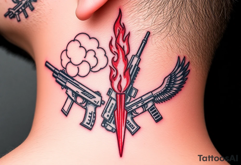 deepfull description of details with clouds,fire guns, money,angels and red tattoo idea