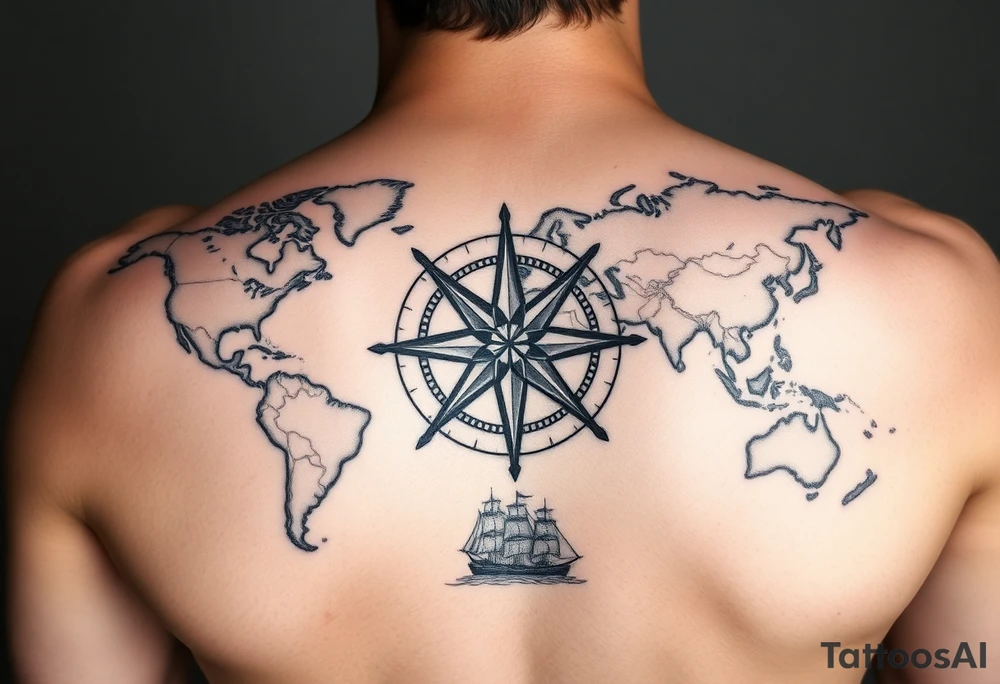 antique compass rose overlaid on weathered world map with sailing ships tattoo idea