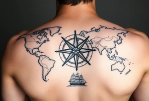 antique compass rose overlaid on weathered world map with sailing ships tattoo idea