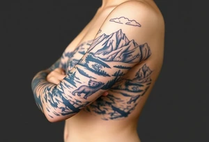 A full-sleeve with the Härjedalen landscape, reindeer, bear, lakes, mountains (Helags), tattoo idea