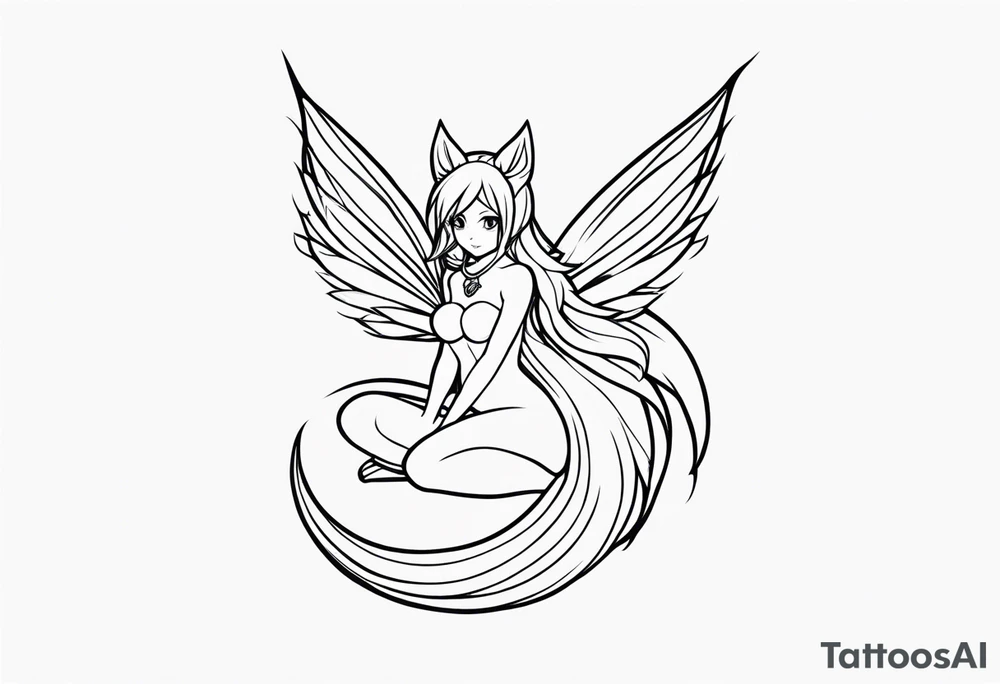 A fairy with a tail inspired by the logo of the show called Fairy Tail in a fetal position leaning in tattoo idea