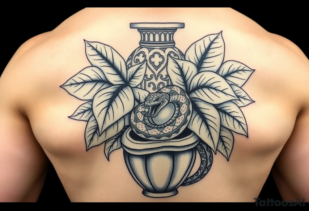 Large Decorative ornamental
 vase with large philodendron leaves with a snake wrapped around showing the head of the  snake with everything in color tattoo idea