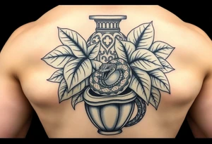 Large Decorative ornamental
 vase with large philodendron leaves with a snake wrapped around showing the head of the  snake with everything in color tattoo idea