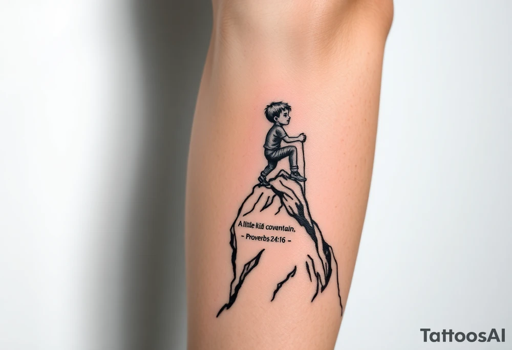 Proverbs 24:16 
A little kid climbing a mountain
Make it cover the entire forearm tattoo idea