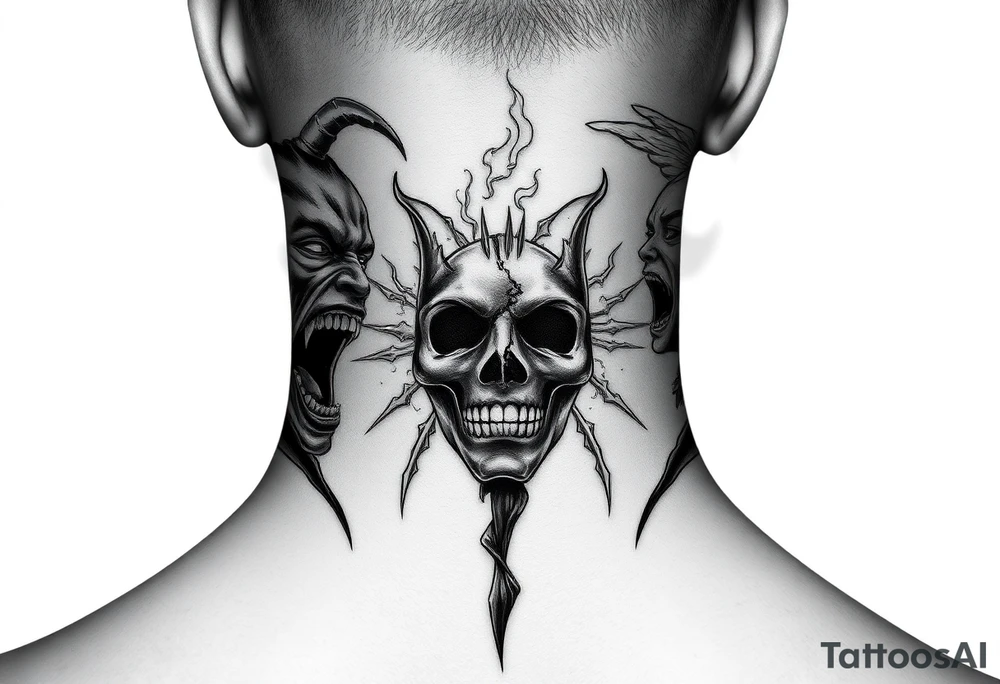 Dark fantasy neck tattoo. A demonic face screaming toward a screaming angel on opposite sides of the neck, both facing inward. Between them, in the center front of the neck, a broken mask splitting into light and darkness, with smoke and energy flowing from the cracks. Black and grey realism, high contrast, detailed linework, dramatic shadows. tattoo idea