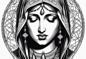 Virgin Mary  looking down with black tears and rosary young version tattoo idea