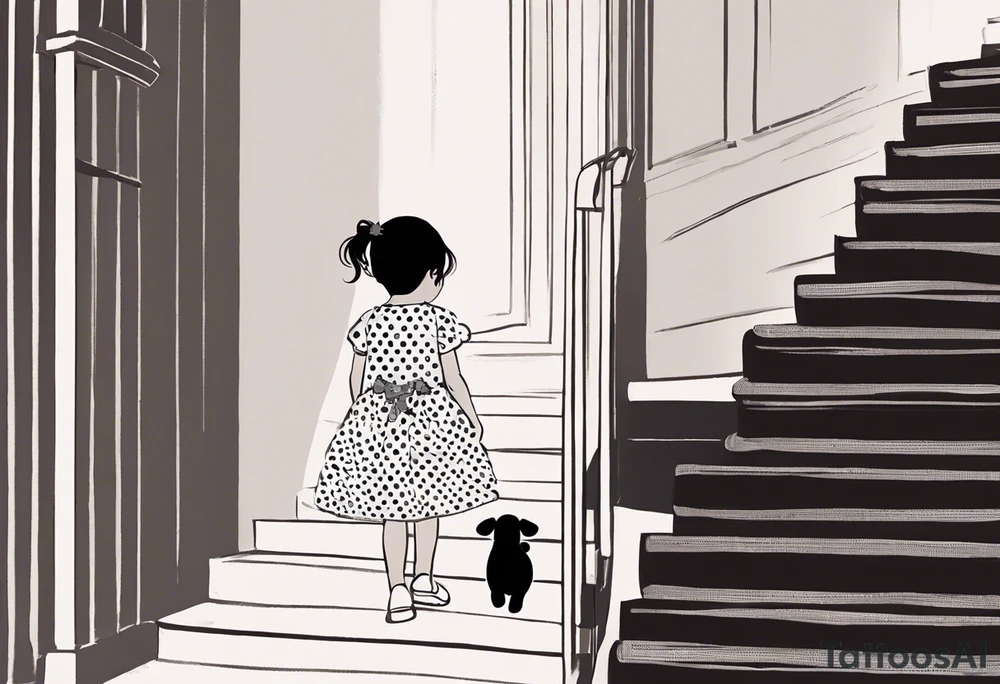 5 year old girl. Facing away and walking up steps which look like large books. The binding of the books being the front of the stairs. The girl has her hair partially up, with a bow securing her hair. She's wearing a puffy a-line, polka dot dress. In one hand, she's holding the arm of a stuffed dog, in the other she hold the hand of someone who's arm slowing disappears. tattoo idea