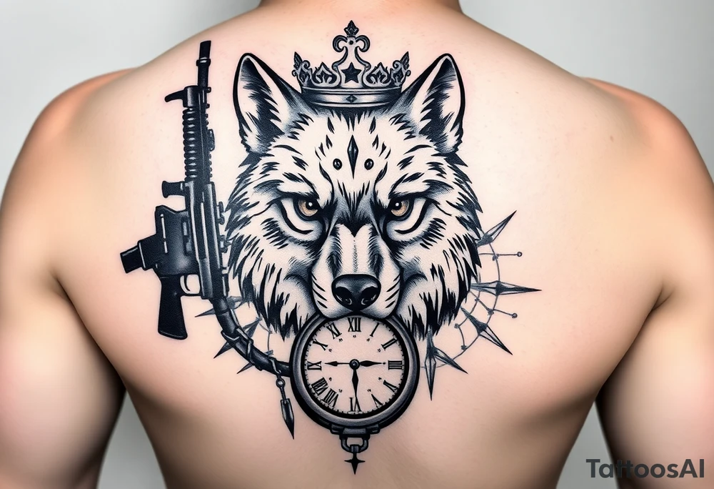 “A detailed black and gray tattoo design featuring a wise wolf head with intense eyes, surrounded by a broken crown, an antique pocket watch with Roman numerals, and a compass pointing north. Subtle AK-47 silhouette elements are blended in the background as a symbolic shadow, not aggressive. Realistic style, fine lines, deep shading, placed on the inner forearm.” tattoo idea