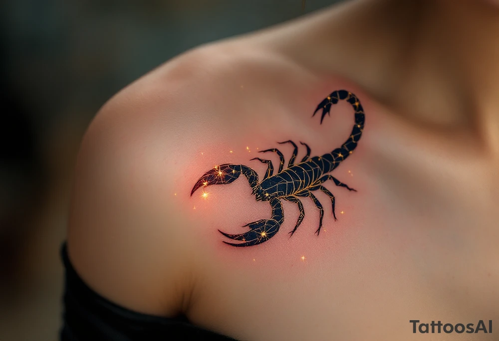 The celestial scorpion creeps across the night in streaks of golden scorpio star constellation lit by Antares’ burning red flame tattoo idea