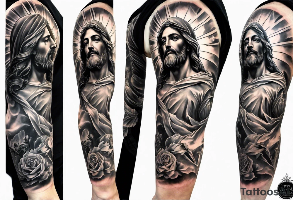 Catholic tattoo sleeve for a man. tattoo idea with Jesus on upper arm looking down tattoo idea