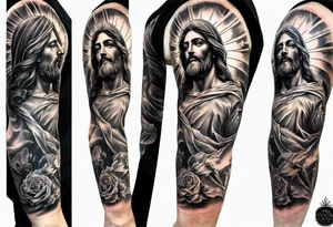 Catholic tattoo sleeve for a man. tattoo idea with Jesus on upper arm looking down tattoo idea