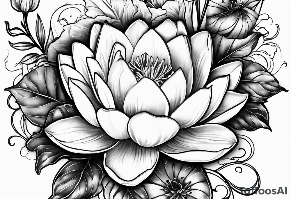 Larkspur and water lily with stems tied with ribbon tattoo idea
