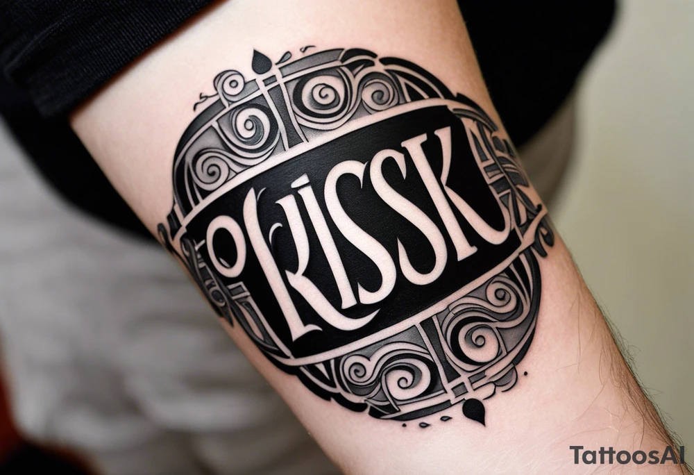 A forearm tattoo featuring the words “RICH” and “RISK” in bold, 3D block letters, shaded for a raised effect. Decorative swirls surround the words, adding elegance to the monochromatic black and gray design. The “RICH” and “RISK” tattoo represents the idea that achieving success often requires taking bold risks, symbolizing courage and ambition in the pursuit of wealth or personal growth. tattoo idea