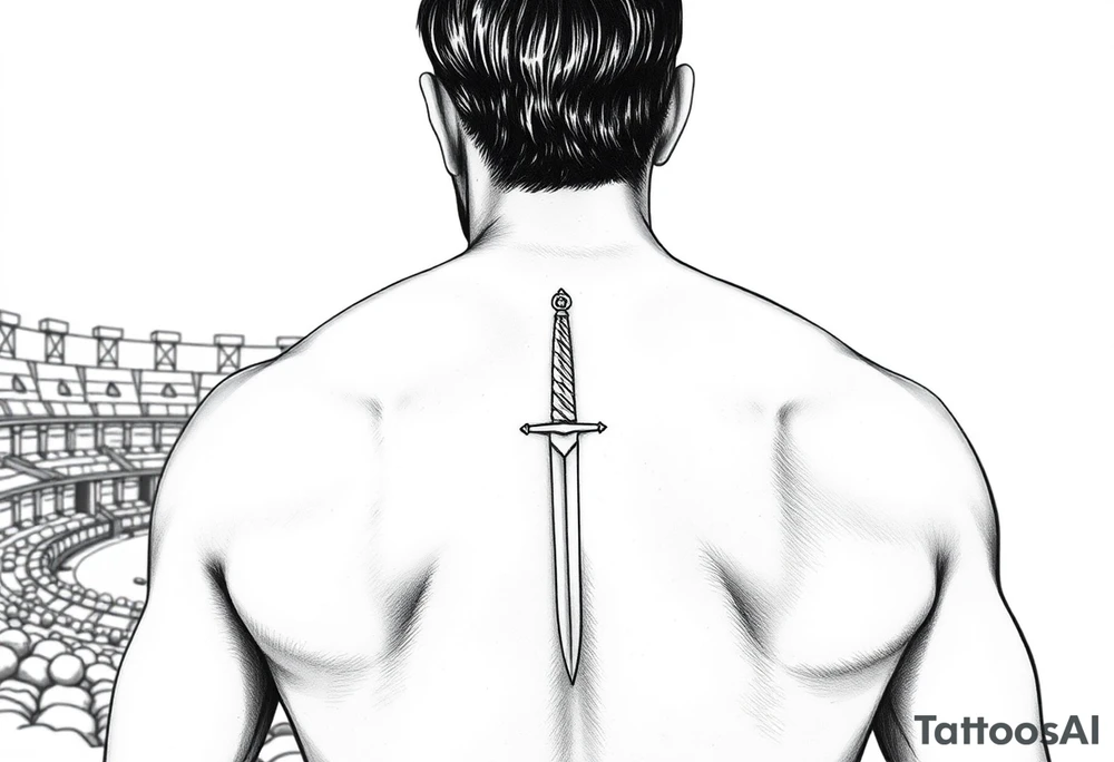 gladiator from behind near an arena with a short sword in his hand tattoo idea