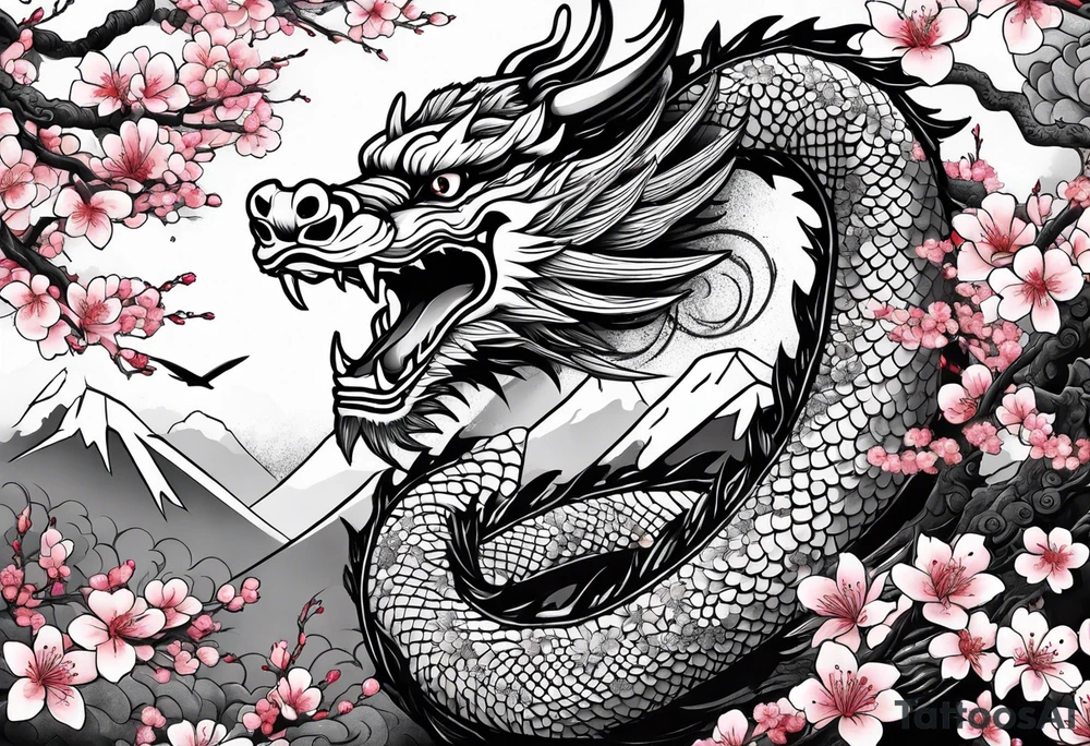 Japanese dragon with cherry blossom trees in the background tattoo idea