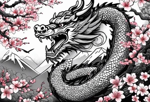 Japanese dragon with cherry blossom trees in the background tattoo idea