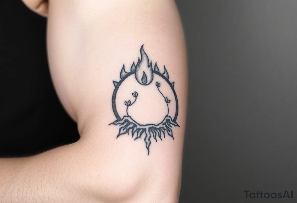 flame in a roots circle, with little sprouts on the archway tattoo idea