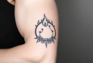flame in a roots circle, with little sprouts on the archway tattoo idea