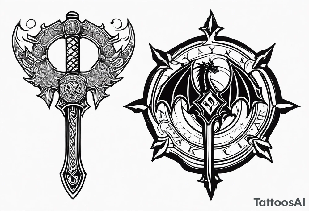 Valhalla sword shield dragon axe tattoo idea